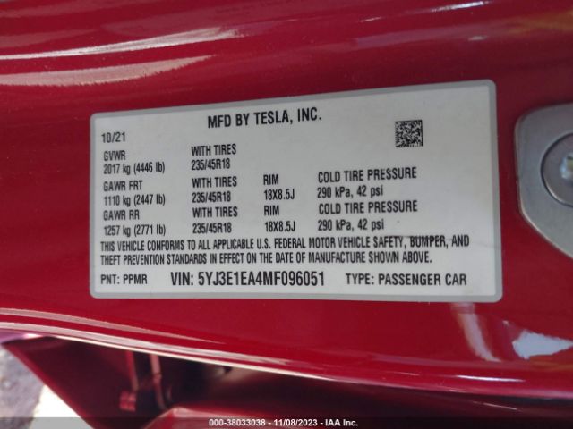 Photo 8 VIN: 5YJ3E1EA4MF096051 - TESLA MODEL 3 