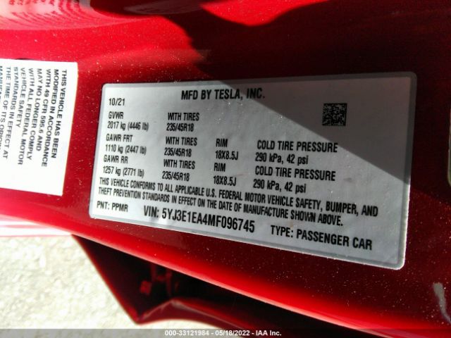 Photo 8 VIN: 5YJ3E1EA4MF096745 - TESLA MODEL 3 