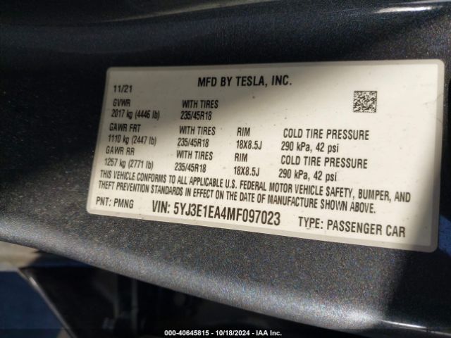 Photo 8 VIN: 5YJ3E1EA4MF097023 - TESLA MODEL 3 