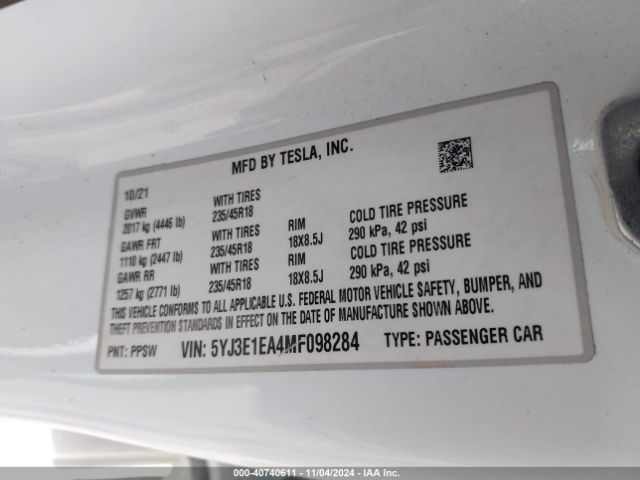 Photo 8 VIN: 5YJ3E1EA4MF098284 - TESLA MODEL 3 