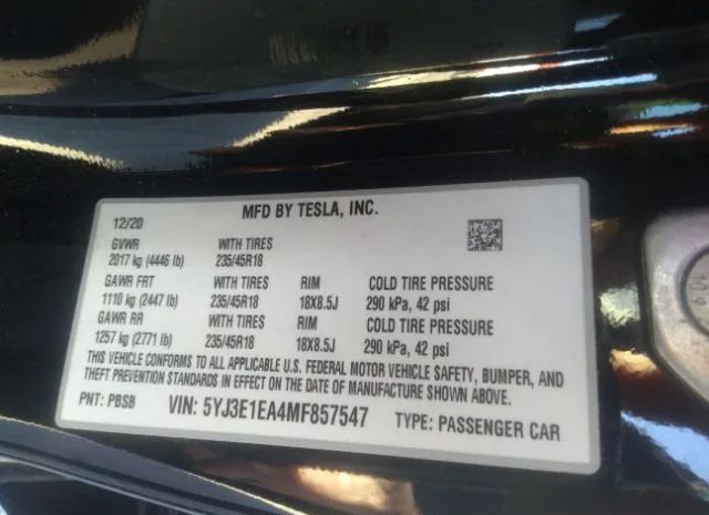 Photo 8 VIN: 5YJ3E1EA4MF857547 - TESLA MODEL 3 