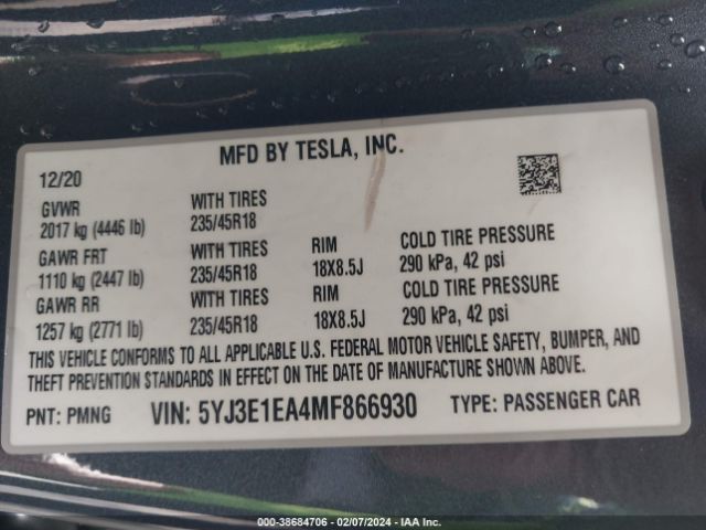 Photo 8 VIN: 5YJ3E1EA4MF866930 - TESLA MODEL 3 