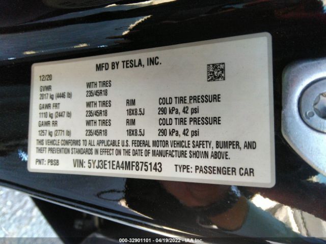 Photo 8 VIN: 5YJ3E1EA4MF875143 - TESLA MODEL 3 