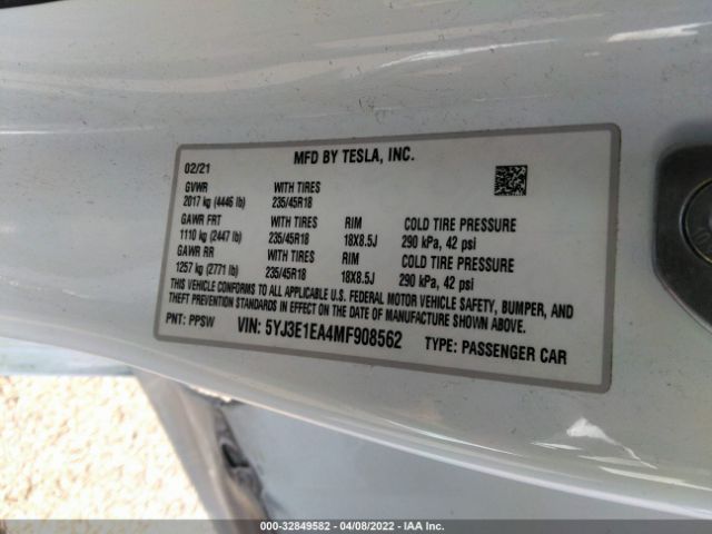 Photo 8 VIN: 5YJ3E1EA4MF908562 - TESLA MODEL 3 