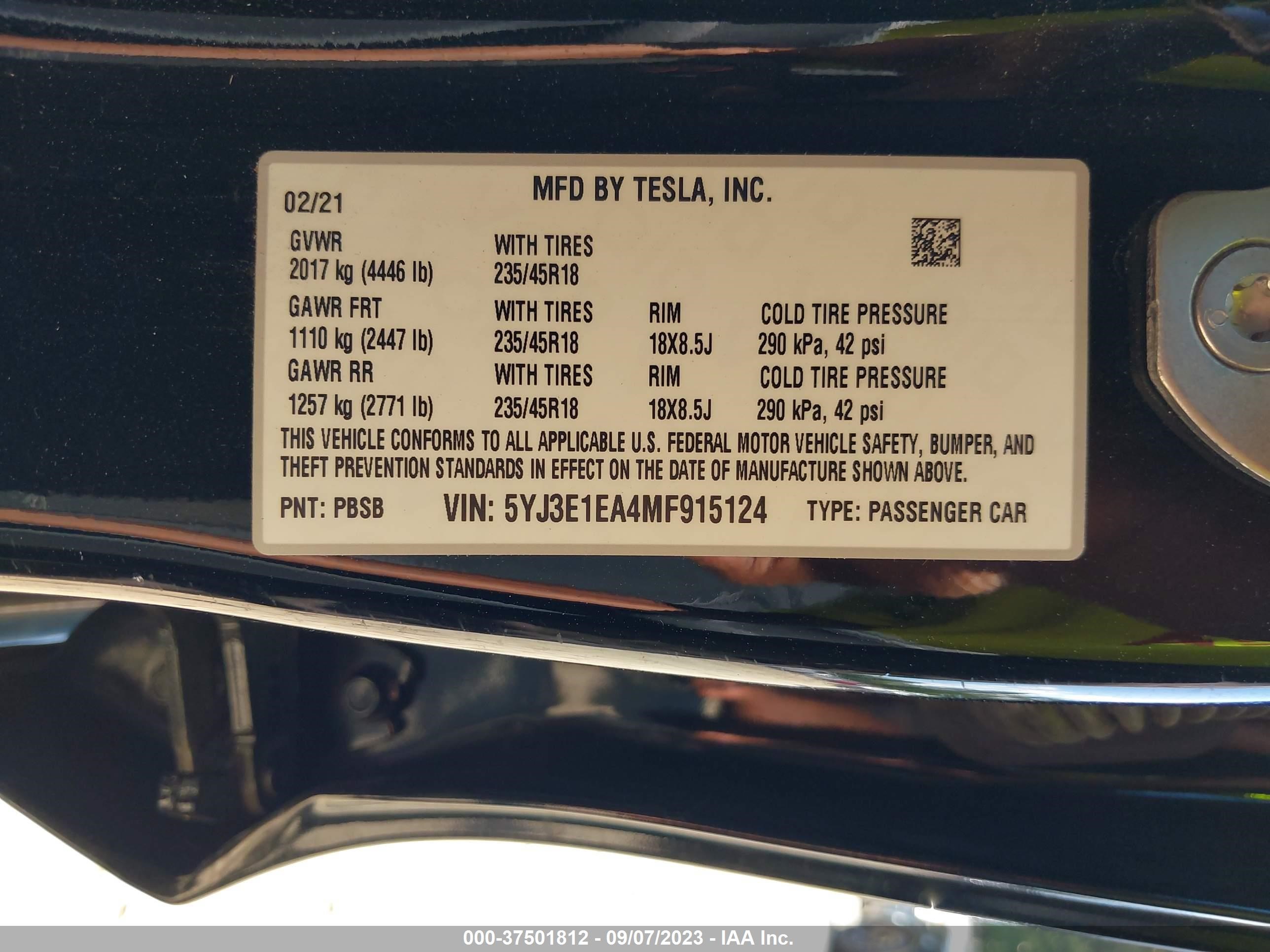 Photo 8 VIN: 5YJ3E1EA4MF915124 - TESLA MODEL 3 