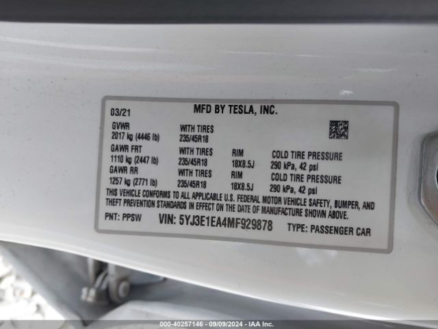 Photo 8 VIN: 5YJ3E1EA4MF929878 - TESLA MODEL 3 