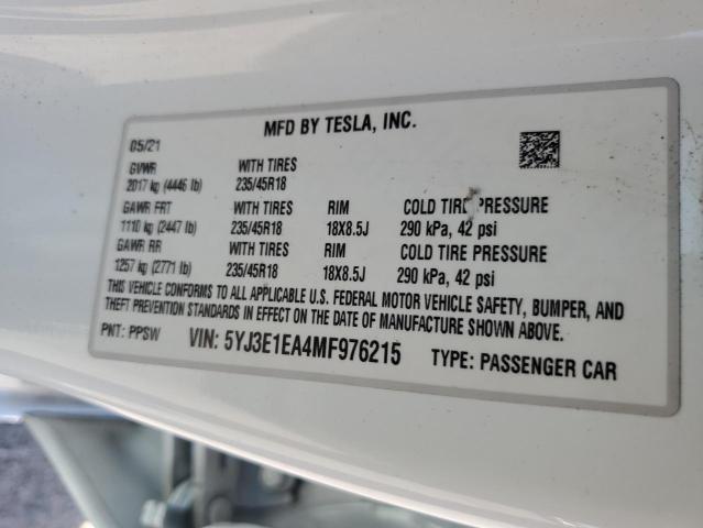 Photo 11 VIN: 5YJ3E1EA4MF976215 - TESLA MODEL 3 