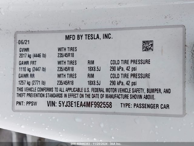 Photo 8 VIN: 5YJ3E1EA4MF992558 - TESLA MODEL 3 