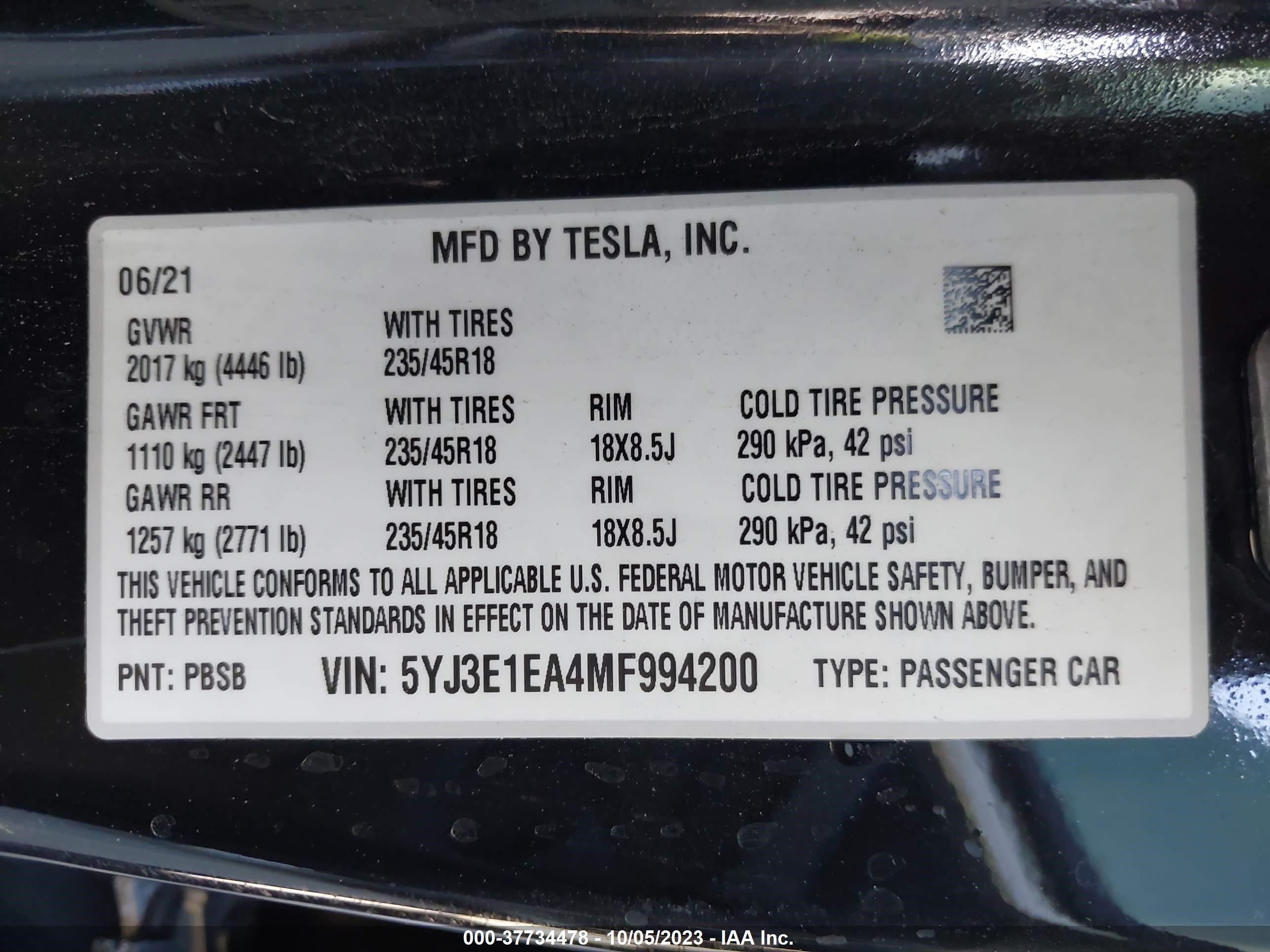 Photo 8 VIN: 5YJ3E1EA4MF994200 - TESLA MODEL 3 