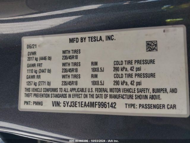 Photo 8 VIN: 5YJ3E1EA4MF996142 - TESLA MODEL 3 