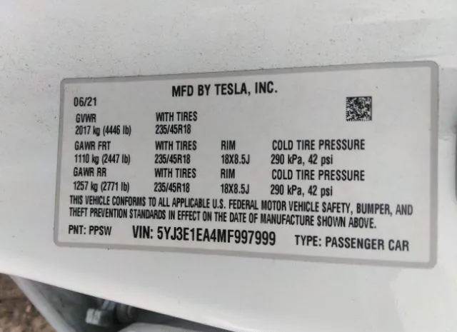 Photo 8 VIN: 5YJ3E1EA4MF997999 - TESLA MODEL 3 