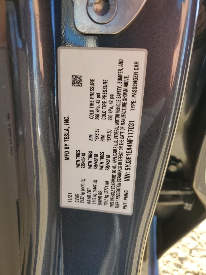 Photo 12 VIN: 5YJ3E1EA4NF117031 - TESLA MODEL 3 