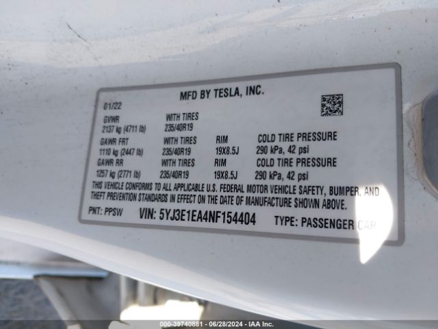 Photo 8 VIN: 5YJ3E1EA4NF154404 - TESLA MODEL 3 