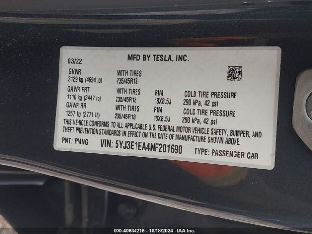 Photo 8 VIN: 5YJ3E1EA4NF201690 - TESLA MODEL 3 