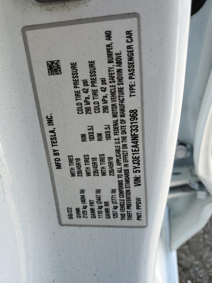 Photo 11 VIN: 5YJ3E1EA4NF331968 - TESLA MODEL 3 