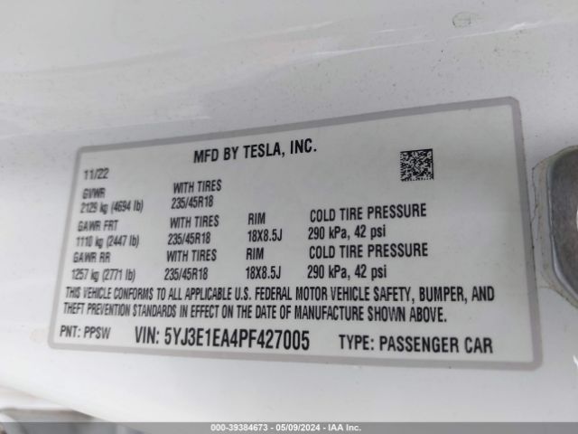 Photo 8 VIN: 5YJ3E1EA4PF427005 - TESLA MODEL 3 