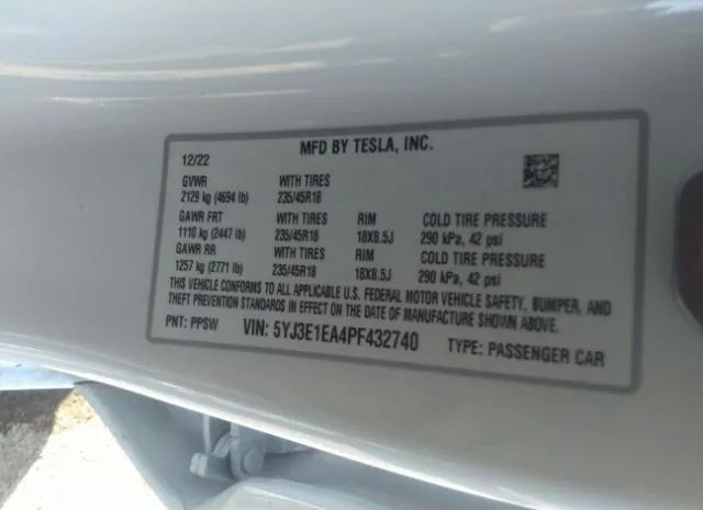 Photo 8 VIN: 5YJ3E1EA4PF432740 - TESLA MODEL 3 