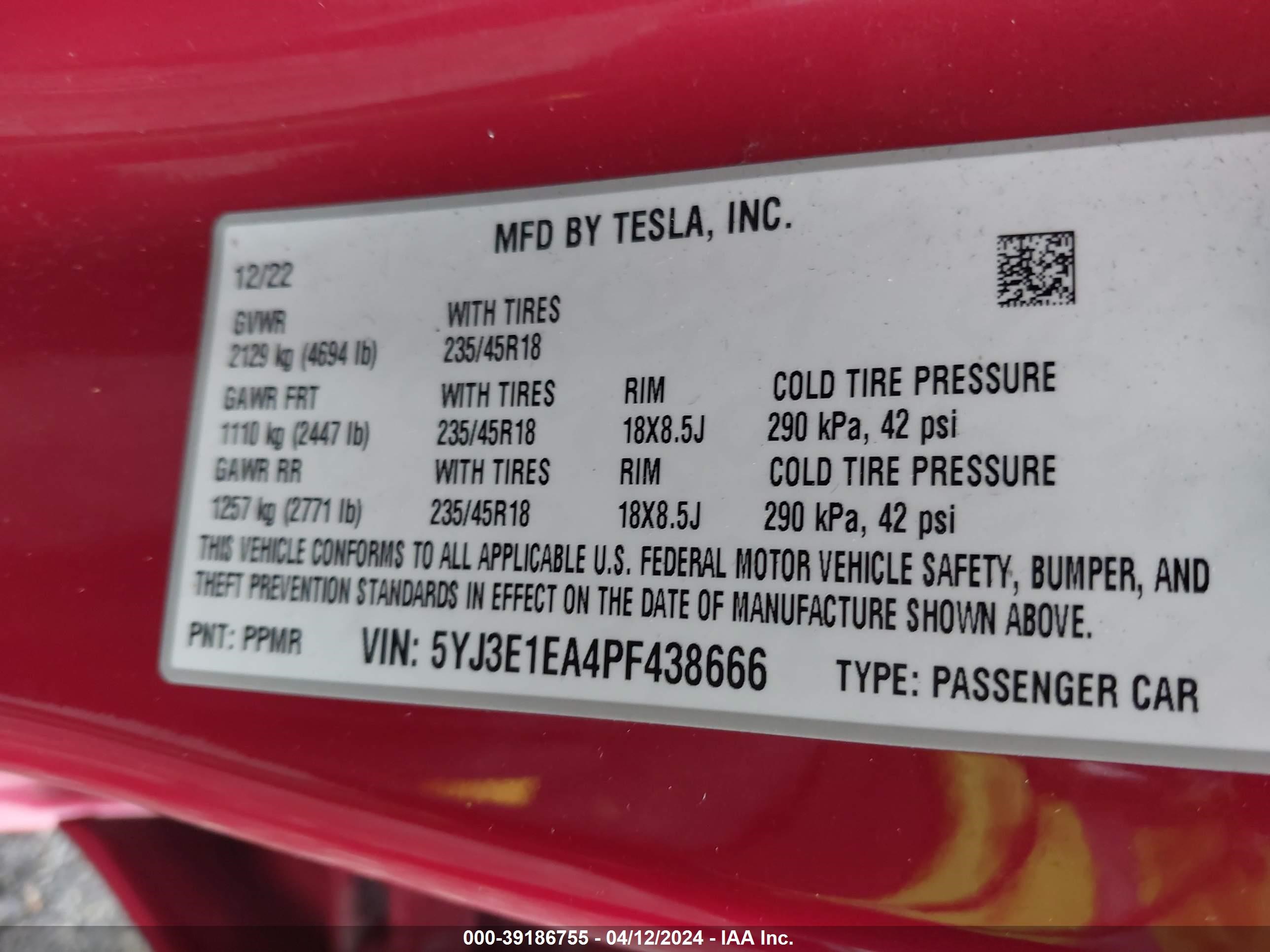 Photo 8 VIN: 5YJ3E1EA4PF438666 - TESLA MODEL 3 