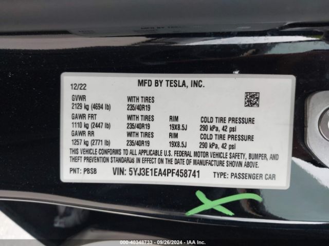 Photo 8 VIN: 5YJ3E1EA4PF458741 - TESLA MODEL 3 