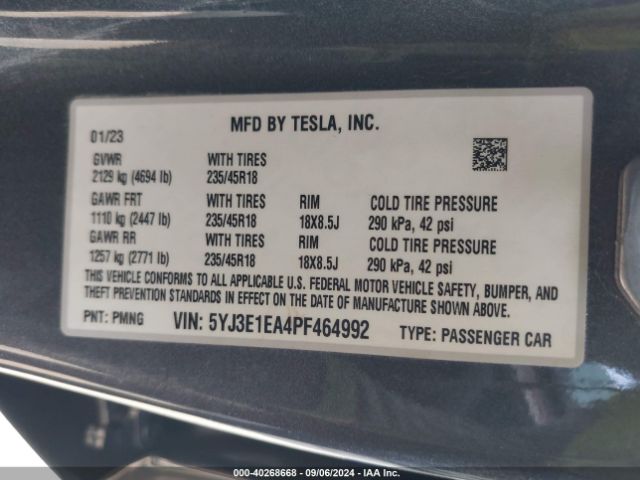 Photo 8 VIN: 5YJ3E1EA4PF464992 - TESLA MODEL 3 