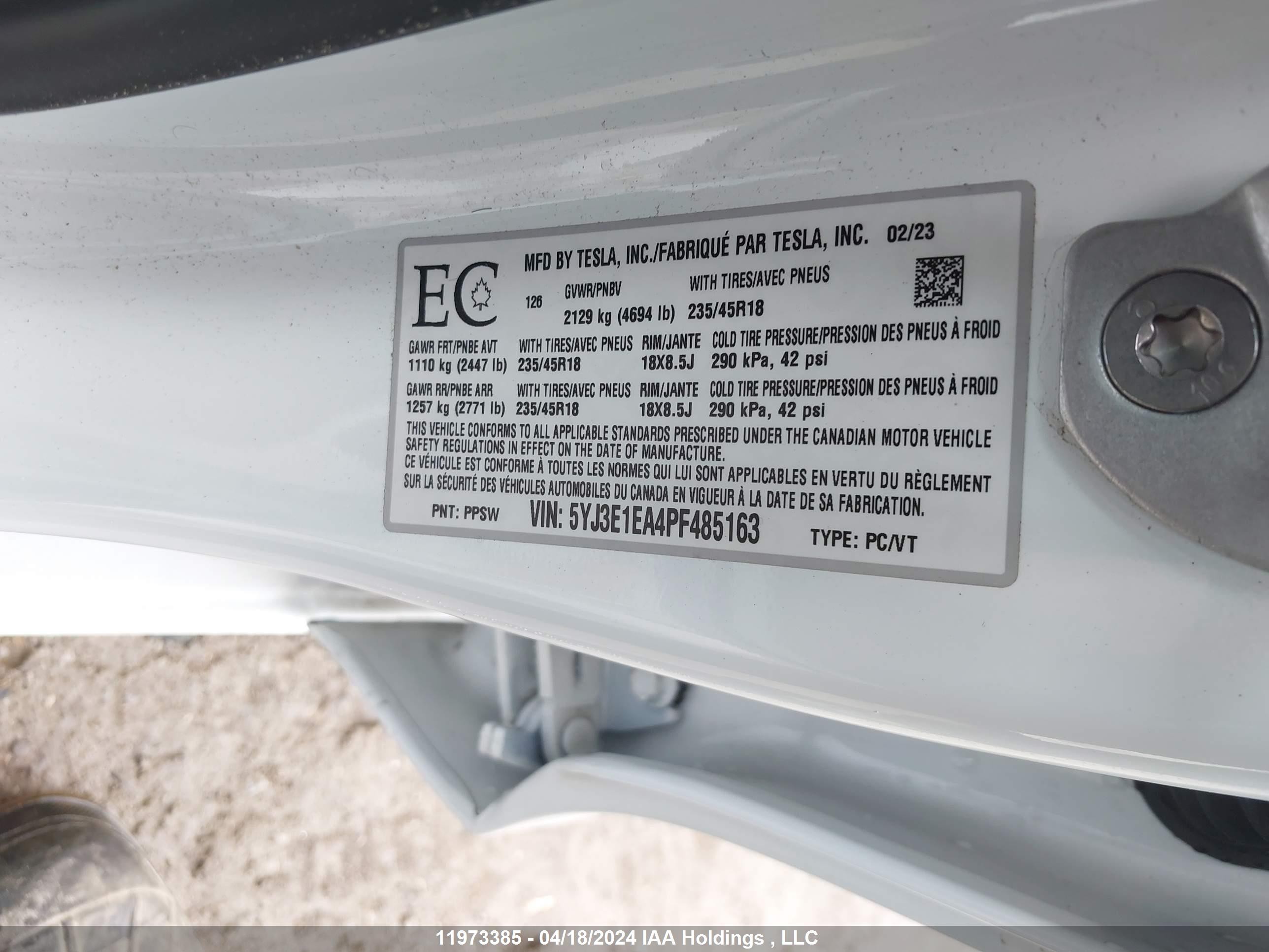 Photo 8 VIN: 5YJ3E1EA4PF485163 - TESLA MODEL 3 