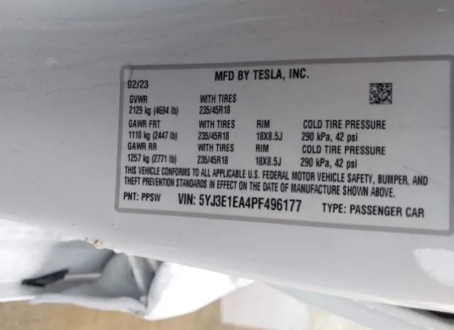 Photo 8 VIN: 5YJ3E1EA4PF496177 - TESLA MODEL 3 