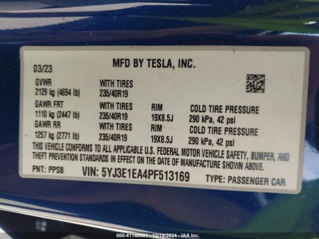 Photo 8 VIN: 5YJ3E1EA4PF513169 - TESLA MODEL 3 