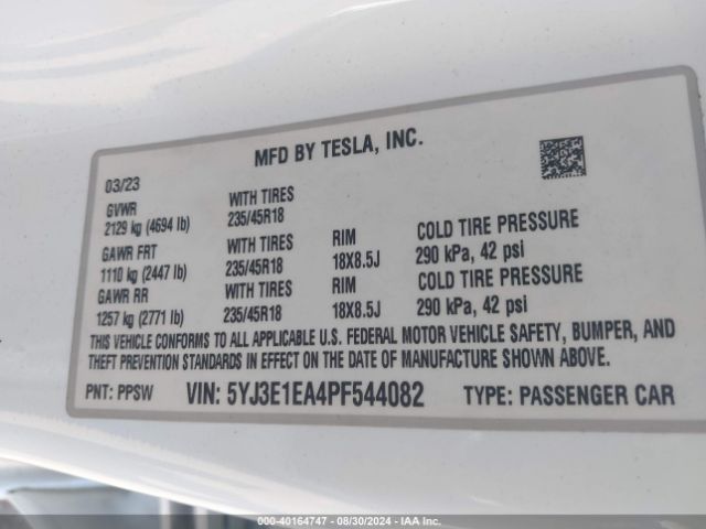 Photo 8 VIN: 5YJ3E1EA4PF544082 - TESLA MODEL 3 