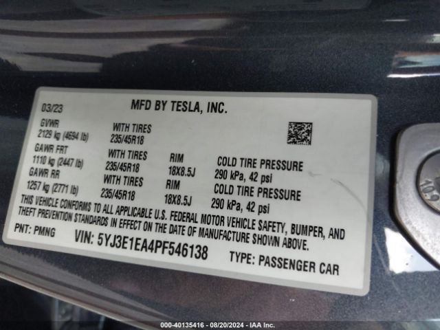 Photo 8 VIN: 5YJ3E1EA4PF546138 - TESLA MODEL 3 