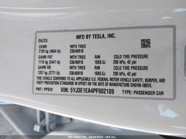 Photo 8 VIN: 5YJ3E1EA4PF602109 - TESLA MODEL 3 