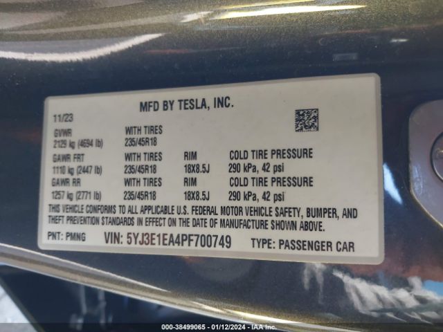 Photo 8 VIN: 5YJ3E1EA4PF700749 - TESLA MODEL 3 