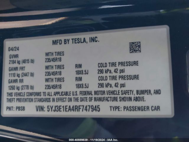 Photo 8 VIN: 5YJ3E1EA4RF747945 - TESLA MODEL 3 