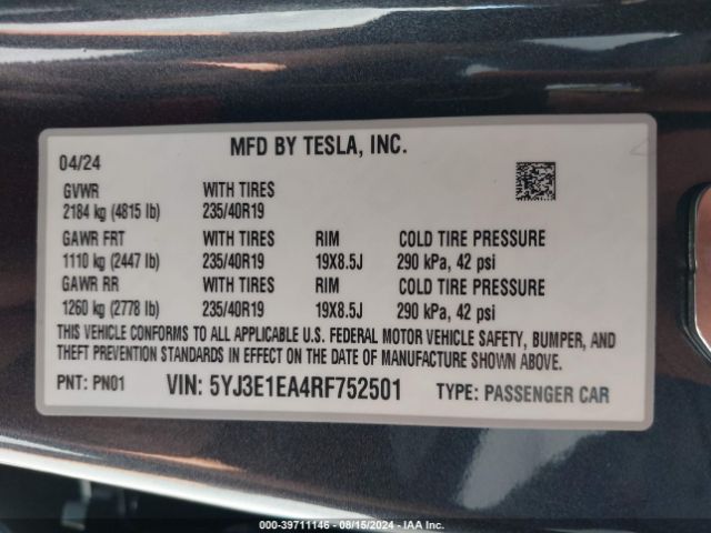 Photo 8 VIN: 5YJ3E1EA4RF752501 - TESLA MODEL 3 