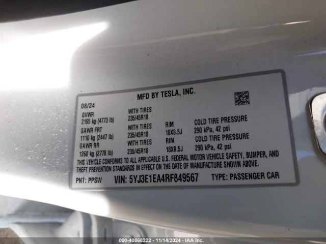 Photo 8 VIN: 5YJ3E1EA4RF849567 - TESLA MODEL 3 