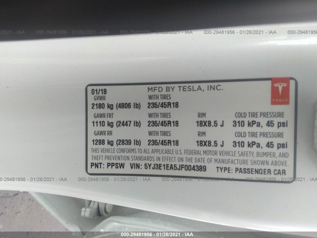 Photo 8 VIN: 5YJ3E1EA5JF004389 - TESLA MODEL 3 