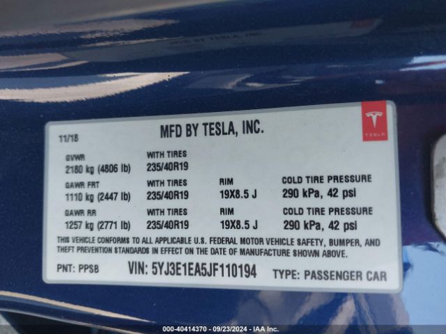 Photo 8 VIN: 5YJ3E1EA5JF110194 - TESLA MODEL 3 