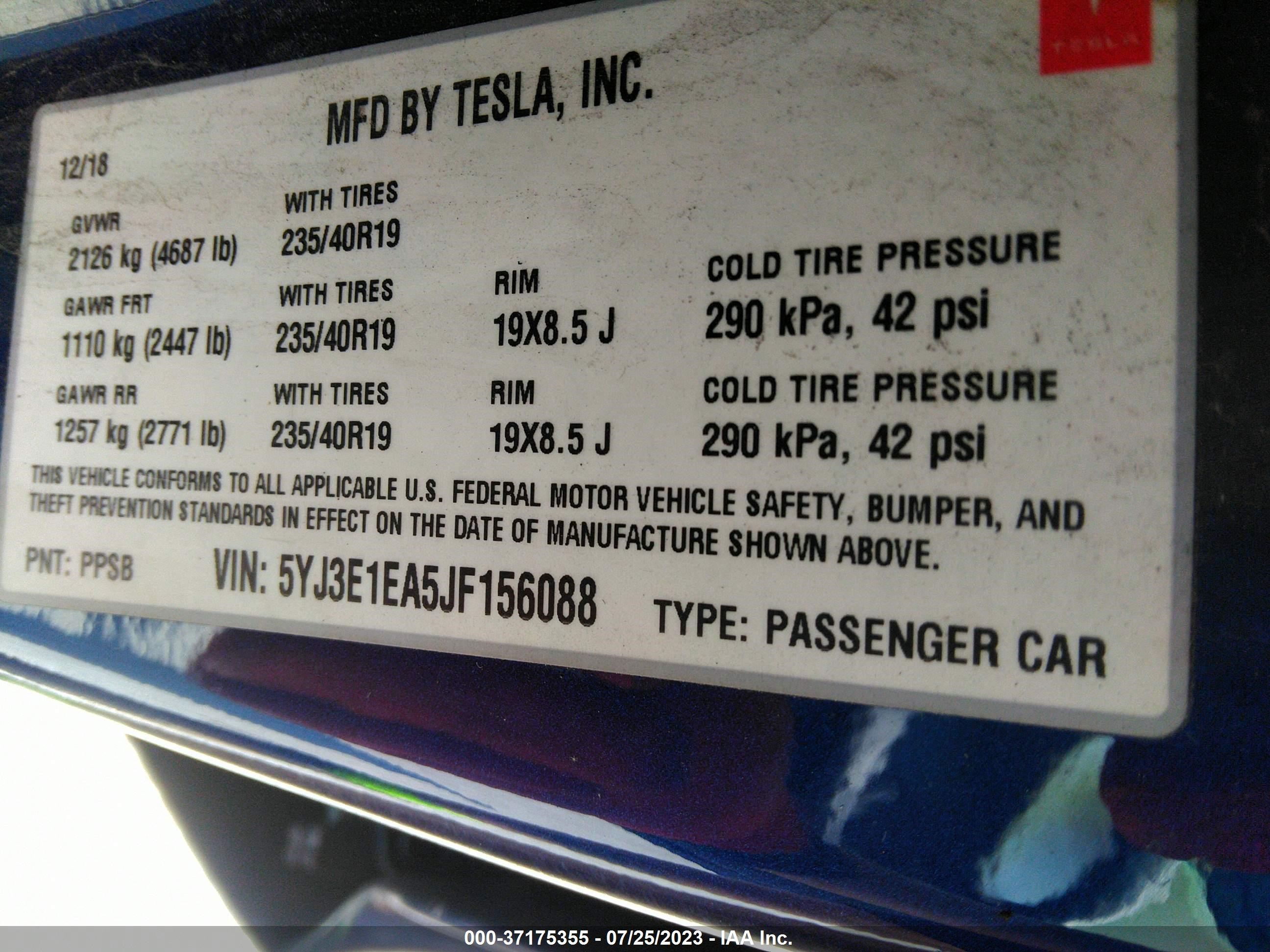 Photo 8 VIN: 5YJ3E1EA5JF156088 - TESLA MODEL 3 