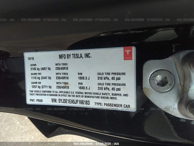 Photo 8 VIN: 5YJ3E1EA5JF166183 - TESLA MODEL 3 