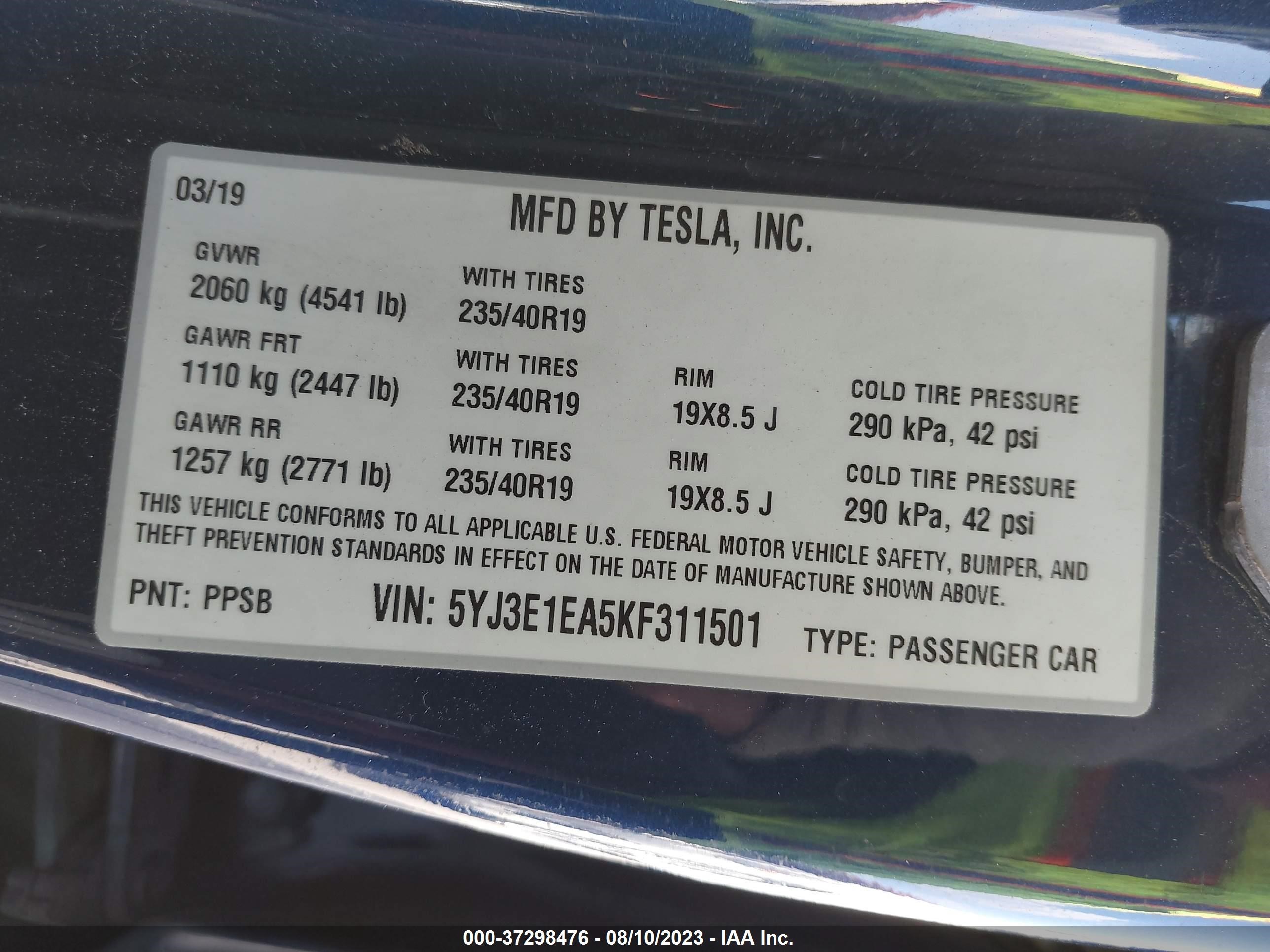 Photo 8 VIN: 5YJ3E1EA5KF311501 - TESLA MODEL 3 