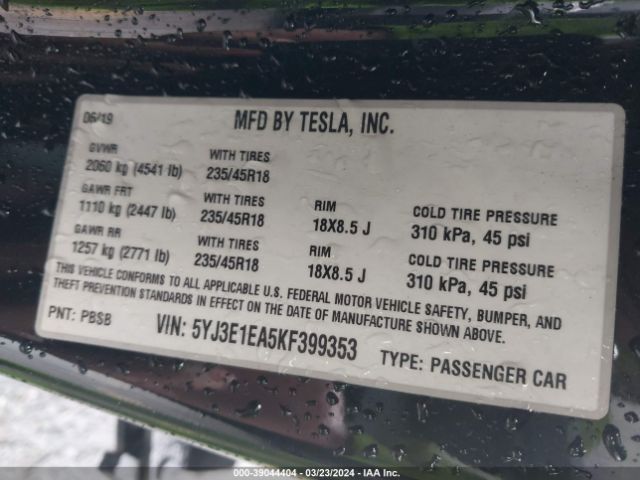 Photo 8 VIN: 5YJ3E1EA5KF399353 - TESLA MODEL 3 