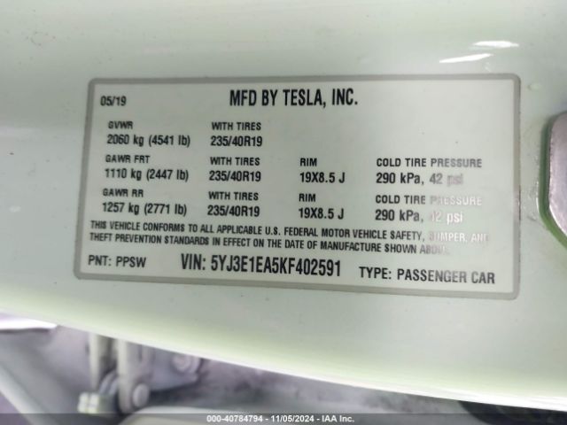 Photo 8 VIN: 5YJ3E1EA5KF402591 - TESLA MODEL 3 