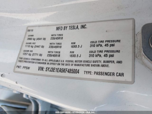 Photo 8 VIN: 5YJ3E1EA5KF485004 - TESLA MODEL 3 