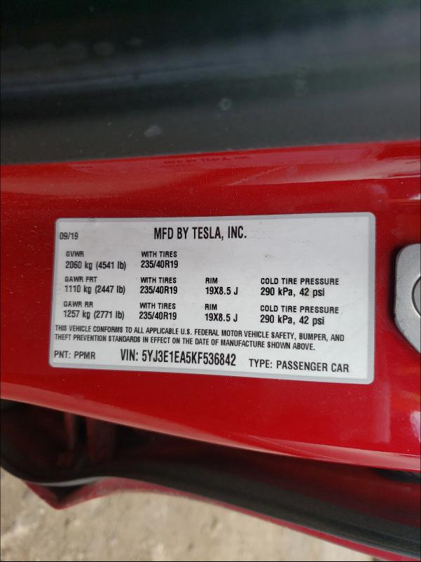 Photo 9 VIN: 5YJ3E1EA5KF536842 - TESLA MODEL 3 