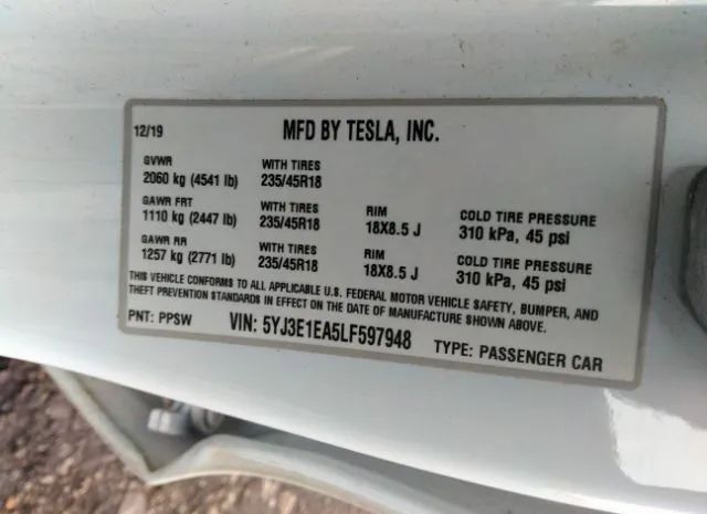 Photo 8 VIN: 5YJ3E1EA5LF597948 - TESLA MODEL 3 