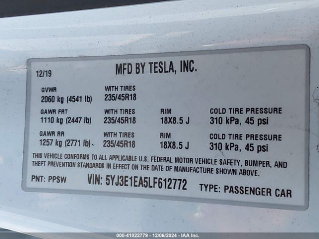 Photo 8 VIN: 5YJ3E1EA5LF612772 - TESLA MODEL 3 