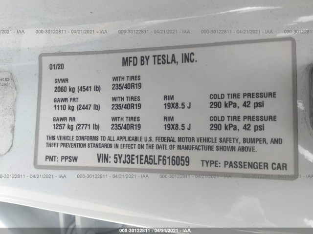 Photo 8 VIN: 5YJ3E1EA5LF616059 - TESLA MODEL 3 