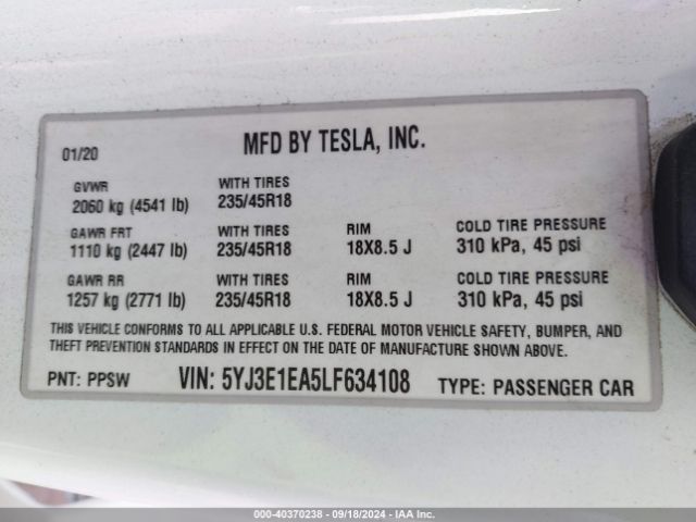 Photo 8 VIN: 5YJ3E1EA5LF634108 - TESLA MODEL 3 