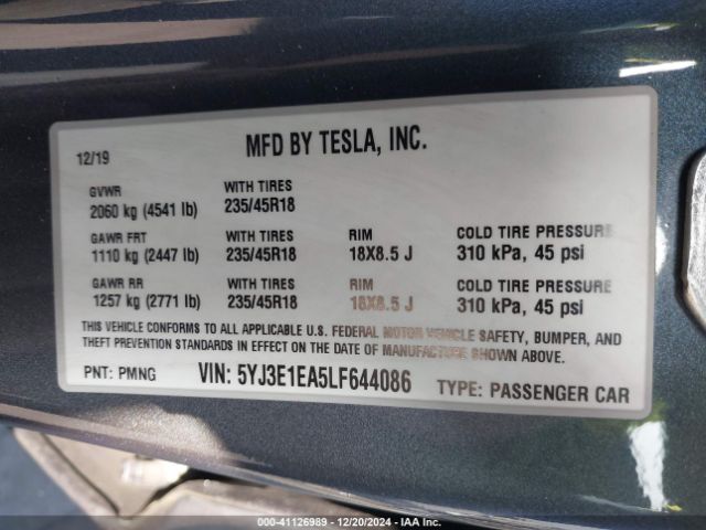 Photo 8 VIN: 5YJ3E1EA5LF644086 - TESLA MODEL 3 