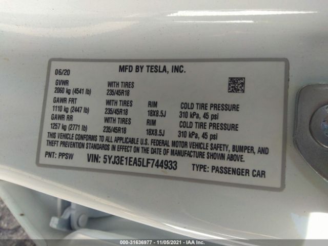 Photo 8 VIN: 5YJ3E1EA5LF744933 - TESLA MODEL 3 