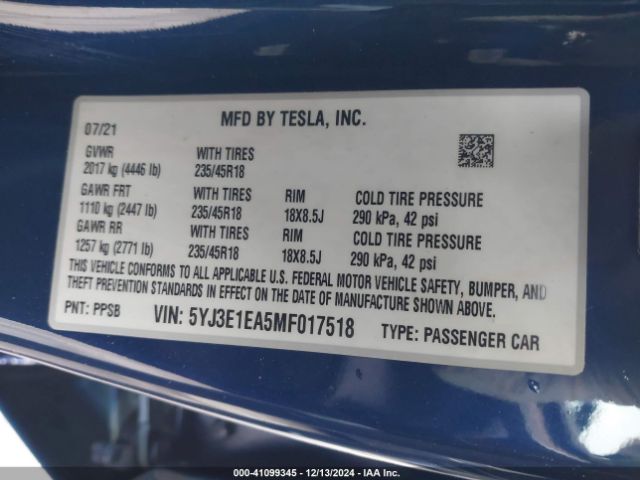 Photo 8 VIN: 5YJ3E1EA5MF017518 - TESLA MODEL 3 